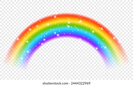 Colorful realistic rainbow effect on transparent background. Vector blurred rainbow arch for overlaying. Rainbow PNG. Fantasy decorative element.