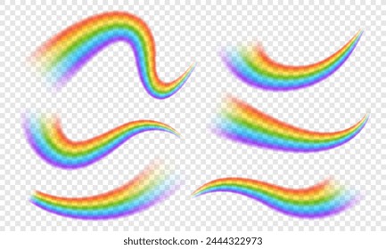 Colorful realistic rainbow effect on transparent background. Vector blurred rainbow arch for overlaying. Rainbow PNG. Fantasy decorative element.