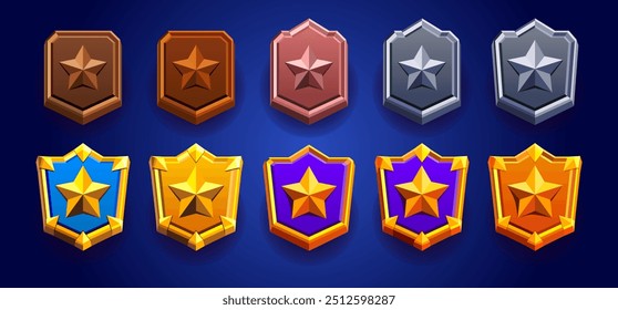 Conjunto de nível de crachá de classificação realista colorido. Ilustração vetorial realista do emblema decorado com estrelas e evolução spikes.Player. Azul, roxo, dourado marrom, prateado, bronze, lenhoso, madeira.