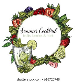 Colorful realistic round frame composed of vector berries (strawberry, blackberry) blood orange and lime slices and mint leaf, place for text. Classic mojito.