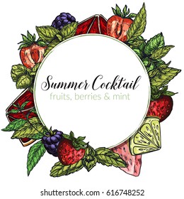 Colorful realistic round frame composed of vector berries (strawberry, blackberry) blood orange and lime slices and mint leaf, place for text. 