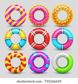 Colorful realistic rubber swimming rings isolated on transparent background. Vector illustration