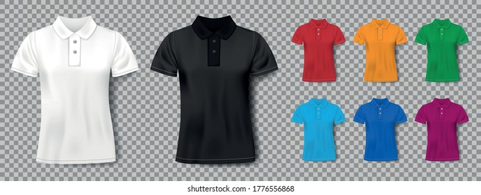 Colorful realistic slim male polo shirt design template. Set of short sleeve shirts for sport, men classic polo. Vector illustration