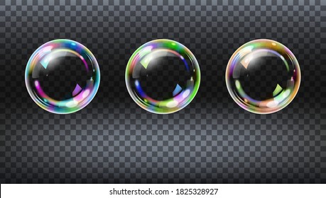 Colorful realistic soap bubbles. Set of realistic vector transparent colorful soap bubbles with rainbow reflection isolated on checkered background. 