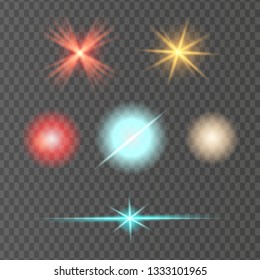 Colorful realistic special effects. The explosions and glowing particles of light. Isolated on a transparent background. Vector illustration.