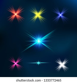Colorful realistic special effects. The explosions and glowing particles of light. Isolated on a transparent background. Vector illustration.