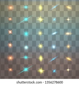 Colorful realistic special effects. The explosions and glowing particles of light. Isolated on a transparent background. Vector illustration.