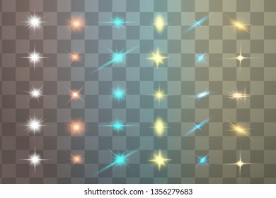 Colorful realistic special effects. The explosions and glowing particles of light. Isolated on a transparent background. Vector illustration.