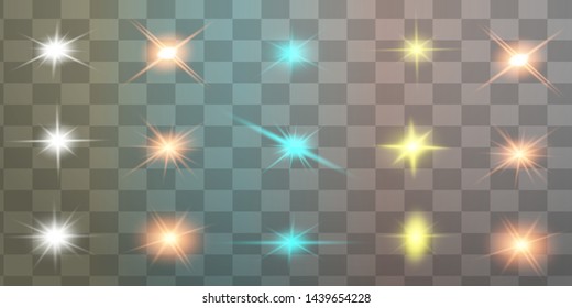 Colorful realistic special effects. The explosions and glowing particles of light. Isolated on a transparent background. Vector illustration.