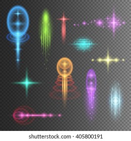 Colorful realistic special effects. The explosions and glowing particles of light. Isolated on a transparent background. Vector illustration.