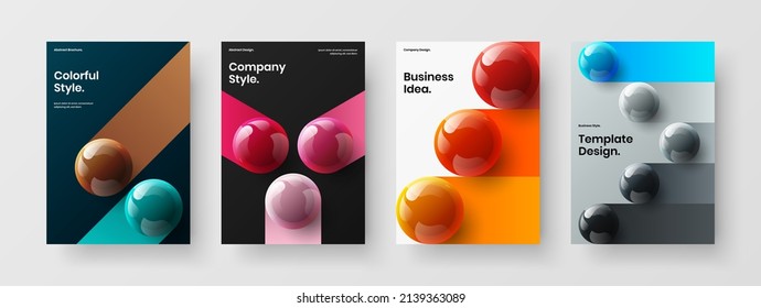 Colorful realistic spheres corporate brochure template bundle. Modern catalog cover A4 design vector illustration set.