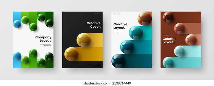 Colorful realistic spheres leaflet template collection. Abstract corporate brochure design vector concept bundle.