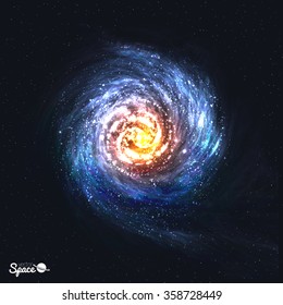 Colorful Realistic Spiral Galaxy on Cosmic Background. Vector illustration.