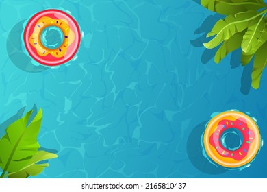 Colorful Realistic Summer banner background with pool party and tropical leaves. Tropical beach poster. Vector illustration.