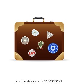 Colorful realistic travel suitcases, cases, bags for luggage. Leather suitcase for traveling, resting, traveling on a business trip, vacation. Luggage stickers. Vector illustration isolated.