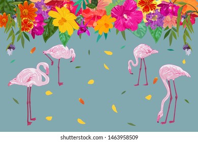 Colorful realistic tropical flower backdrop with floating petal and flamingos on blue background with copy space. vector illustration.