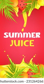 Colorful and realistic tropical fruit vector illustration with juicy sliced watermelon, lemon, orange. Liquid splashing juice flow. Exotic healthy beverage flyer or poster template.