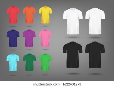 Colorful realistic T-shirt mockup set - men's fashion apparel template collection in wide color palette. Isolated short sleeve sport shirt mock up - vector illustration.