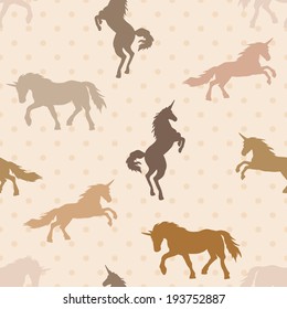 colorful realistic unicorn silhouette seamless pattern on polka dot background