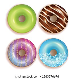 Colorful realistic vector donuts with assorted icing set. Sweet glazed pastry.