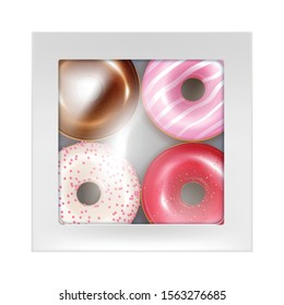 Colorful realistic vector donuts with assorted icing in a box.