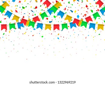 Colorful realistic vector flag garland and confetti. Carnival garland with pennants for birthday celebration, festival and fair decoration. Colorful confetti falling on a white background.