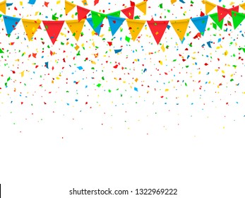 Colorful realistic vector flag garland and confetti. Carnival garland with pennants for birthday celebration, festival and fair decoration. Colorful confetti falling on a white background.