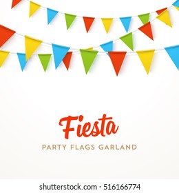 Colorful realistic vector flag garland with shadow. 4 different colors, easy to edit. Material design paper style. Party invitation design template.