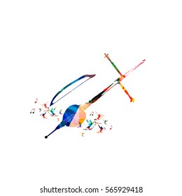 Colorful rebab with music notes and hummingbirds isolated. Music instrument background vector illustration. Design for poster, brochure, invitation, banner, flyer, concert and music festival