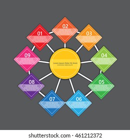 Colorful Rectangle and Circle With Number and Information Text, 9 Options, Workflow/Element Layout Design. Vector Illustration.