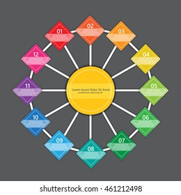 Colorful Rectangle and Circle With Number and Information Text, 12 Options, Workflow/Element Layout Design. Vector Illustration.