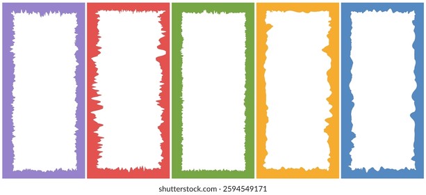 Colorful rectangle form with jagged edges. Ripped and cutout paper torn strip. Set of Vertical Grunge Frames. Vector illustration isolated on white background.