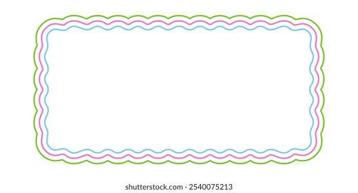 Farbiger rechteckiger Rahmen mit skalierten Kanten. Geometrisches Shape mit wellenförmigen Rändern. Leere Box, Tag oder Etikett einzeln auf weißem Hintergrund. Flache Vektorgrafik.