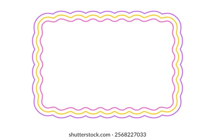 Colorful rectangle frame with wavy edges. Geometric shape with scallop borders. Blank text box, banner, headline, tag or label isolated on white background. Vector illustration.