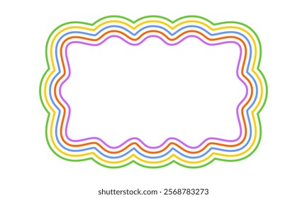 Colorful rectangle frame with wavy edges. Geometric shape with undulated borders. Blank text box, tag, speech bubble or label template isolated on white background. Vector illustration.