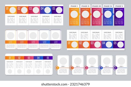 Colorful rectangle informational guide infographic chart design template set. Abstract infochart kit with copy space. Instructional graphics with 5 step sequence. Visual data presentation