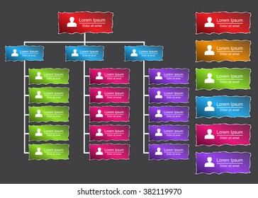 Colorful Rectangle Organization Chart Infographics, Torn Paper Design, People Icon, Fine Paper Texture, Business Structure Concept, Business Flowchart Work Process, Vector Illustration.