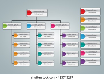 Colorful Rectangle Organization Chart Infographics, Color Arrow Tag, Business Structure, Vector Illustration.