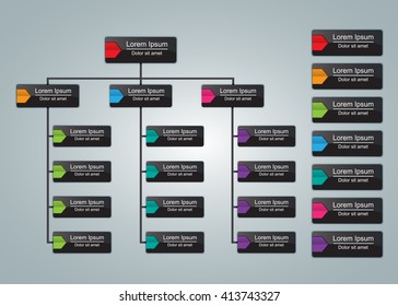 Colorful Rectangle Organization Chart Infographics, Color Arrow Tag, Business Structure, Vector Illustration.