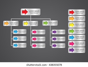 Colorful Rectangle Organization Chart Infographics, Color Arrow Tag, Business Structure,  Metallic Color, Vector Illustration.