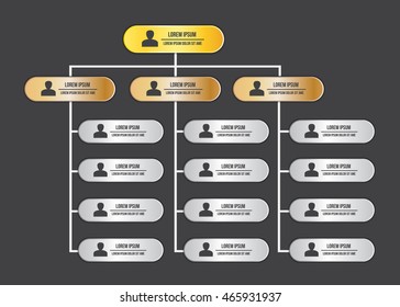 Colorful Rectangle Organization Chart Infographics with People Icon, Business Structure, Metallic color, Gold, Copper, Silver, Vector Illustration.