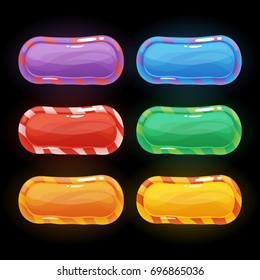 Colorful rectangle or oval glossy buttons set with candy texture on frame, vector assets for web or game design, app icons vector template isolated on black background.
