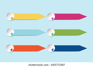 Colorful rectangle pointed labels with circles and puzzle design.