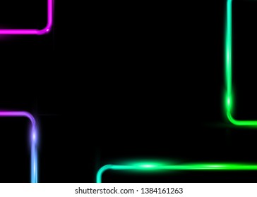colorful rectangle templates with neon shiny glowing vintage frame isolated or black background. Cards Fluorescent light Multicolored neon tube realistic luminous vibrations border, fashion design