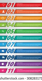 Colorful Rectangle Text Box With Number, Business Icon and Information Text on Fine Paper Texture Background. 11 Options, For Business/Finance Infographic. Vector Illustration
