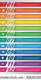 Colorful Rectangle Text Box With Number, Business Icon and Information Text on Fine Paper Texture Background. 12 Options, For Business/Finance Infographic. Vector Illustration