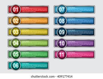 Colorful Rectangle Text Box With Number, 11  Progress Steps With Metallic Color Design, Number and Text Information. Vector Illustration.