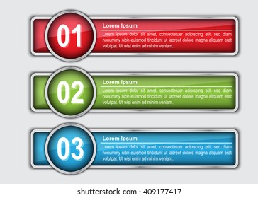 Colorful Rectangle Text Box With Number, 3 Progress Steps With Metallic Color Design, Number and Text Information Design. Vector Illustration.