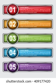 Colorful Rectangle Text Box With Number, 5  Progress Steps With Metallic Color Design, Number and Text Information. Vector Illustration.