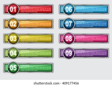 Colorful Rectangle Text Box With Number, 9  Progress Steps With Metallic Color Design, Number and Text Information. Vector Illustration.